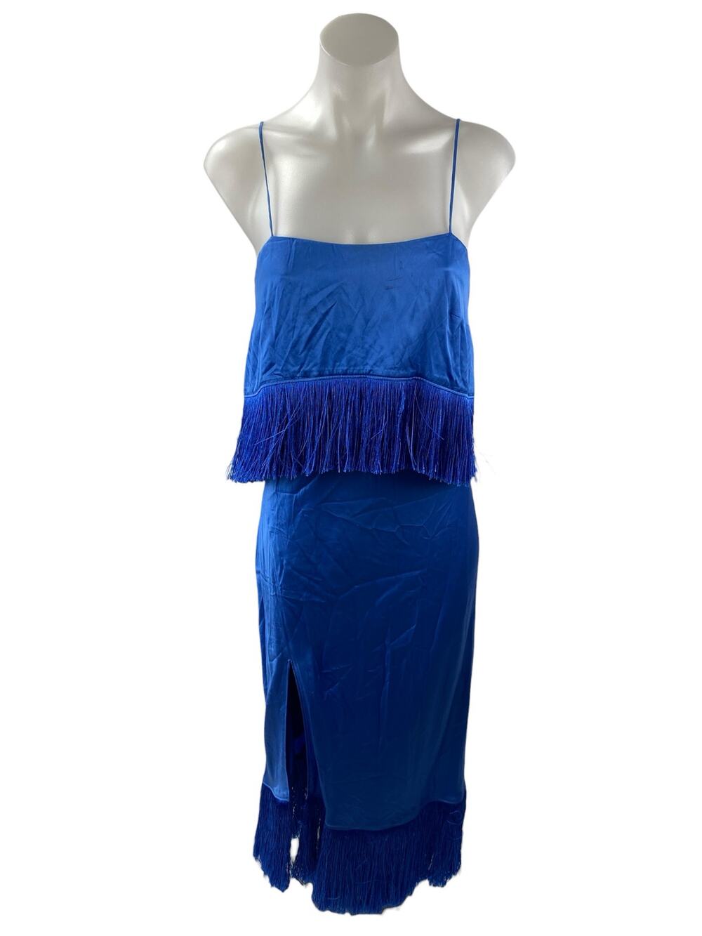 Cinq a Sept Blue Silk Satin Fringe Sleeveless Slit Cami Blouson Midi Dress Sz M